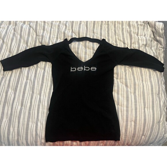 Bebe Swarovski Crystal Bedazzled Y2K Logo Cold Shoulder V-Neck Sweater - Picture 6 of 9